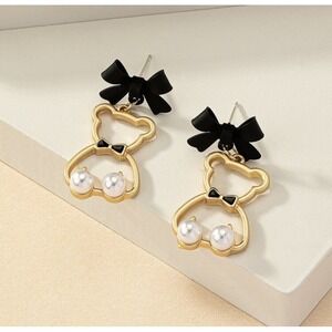 Black Bow Teddy Bear Drop Earrings Faux Pearl Gold Accent Fine Jewelry Accessory